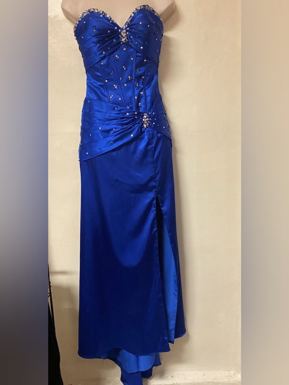 Mori Lee Royal Blue Satin Evening Gown – Strapless Sweetheart Rhinestones
